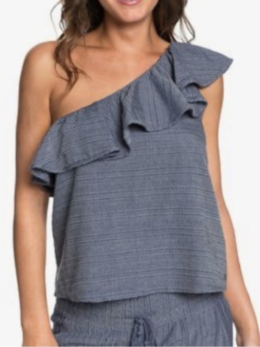 Roxy One-Shoulder Ruffle Camisole - Slate Blue With White Pattern Size 4